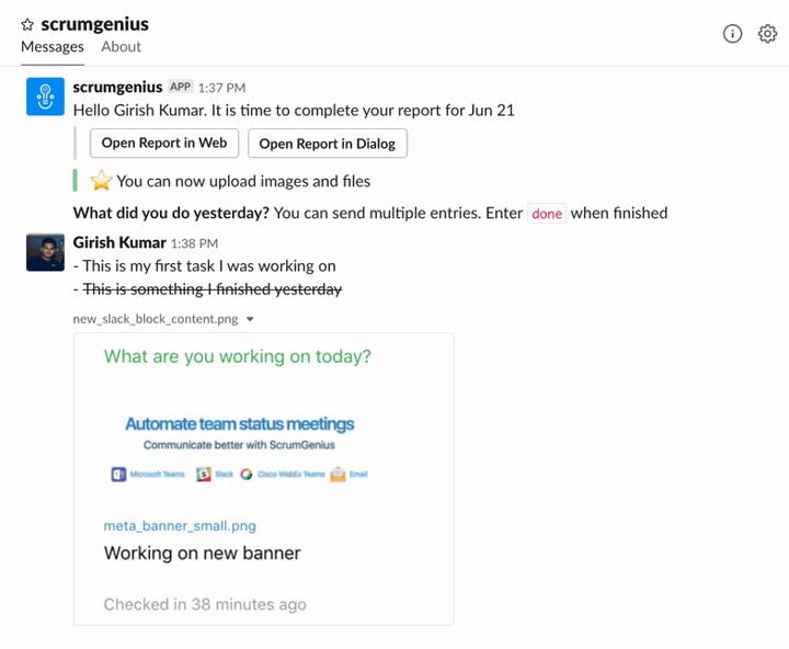 The ScrumGenius app for Slack