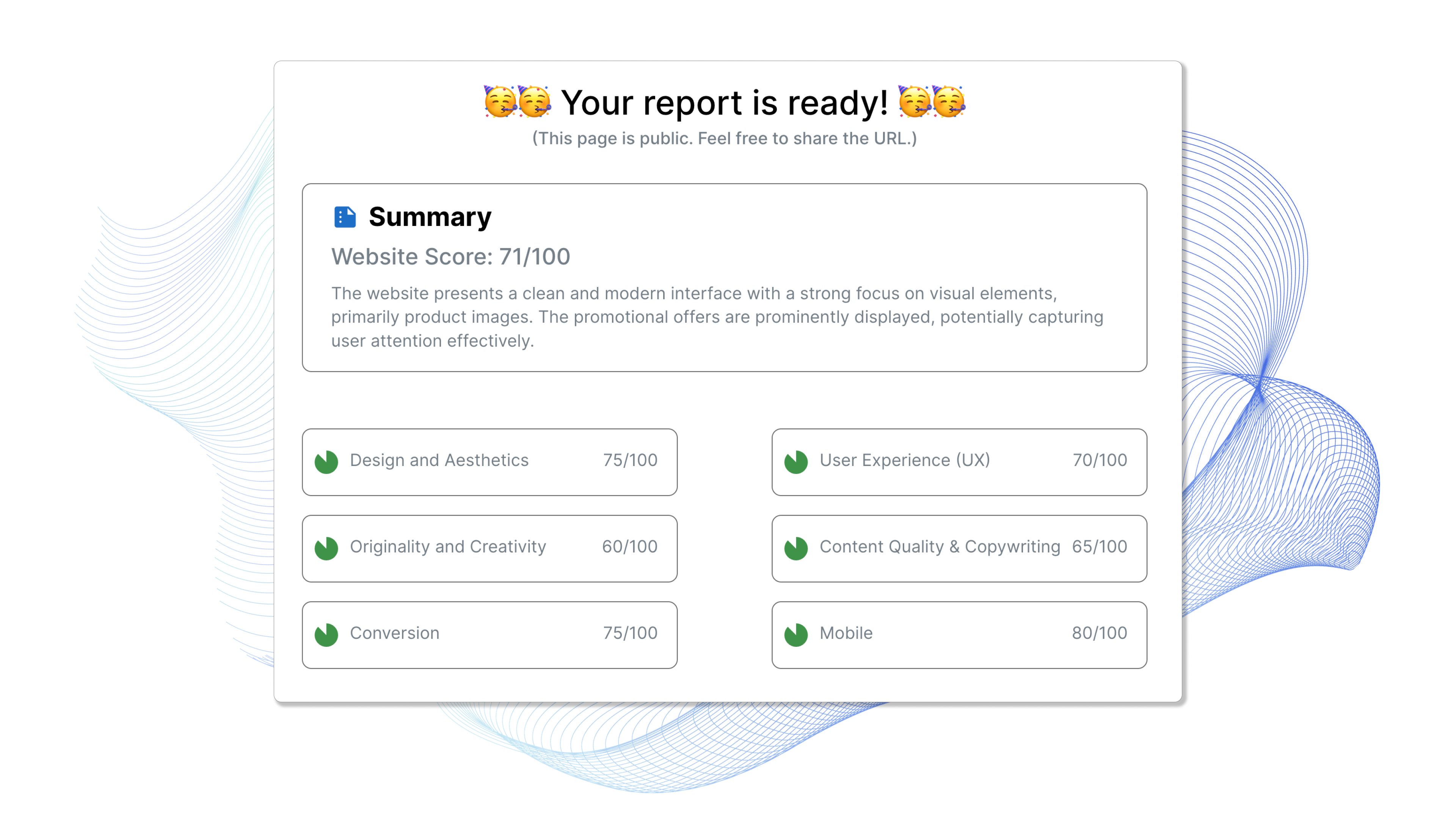Get Website Report is an innovative web service that leverages state of the art AI models to analyze and optimize landing pages across five main categ
