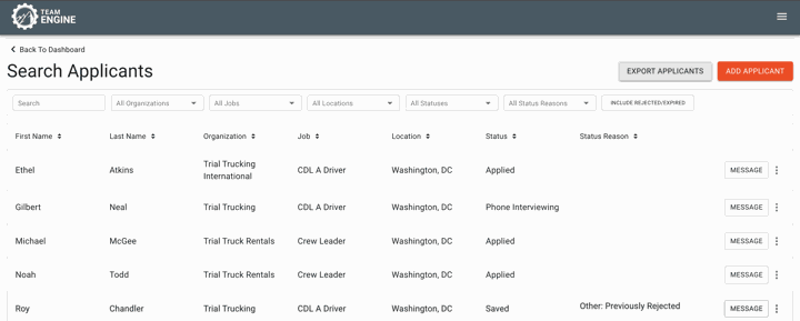 applicant directory filtering options in team engine