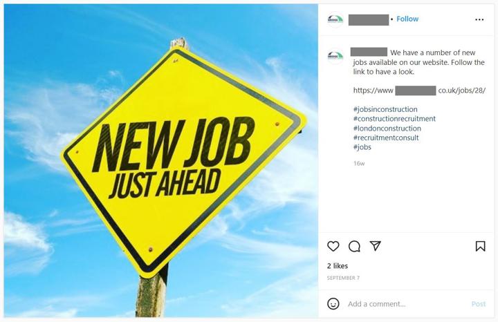 Bad Example of a Hiring Ad for Construction Workers on Instagram