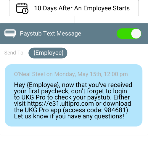 Employee Onboarding Text Message - 10 days after starting