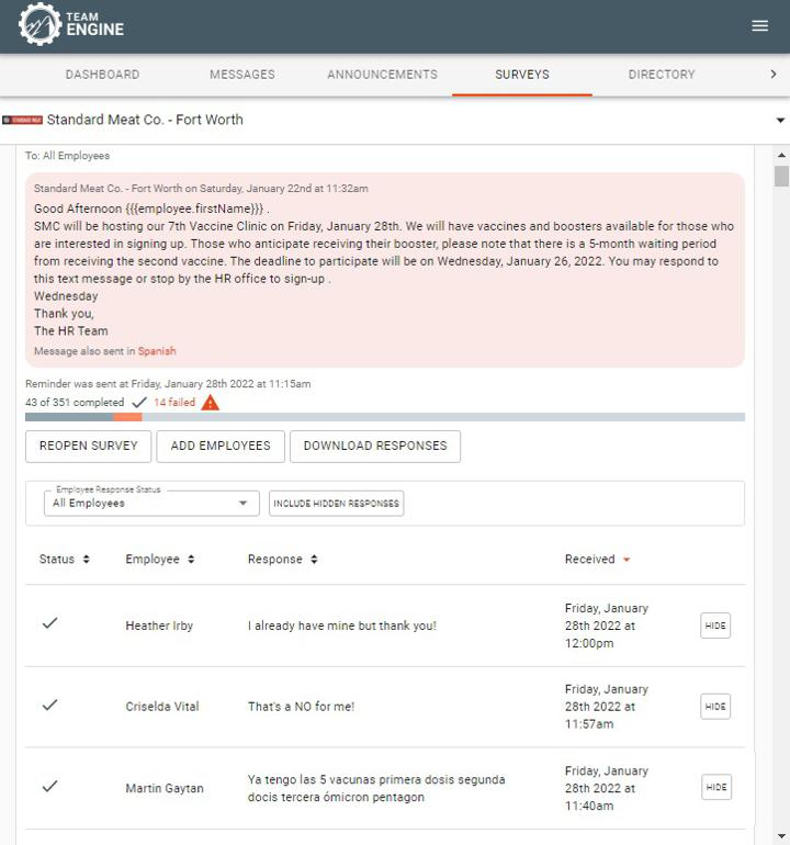 Standard Meat Company Employee Survey for Vaccines