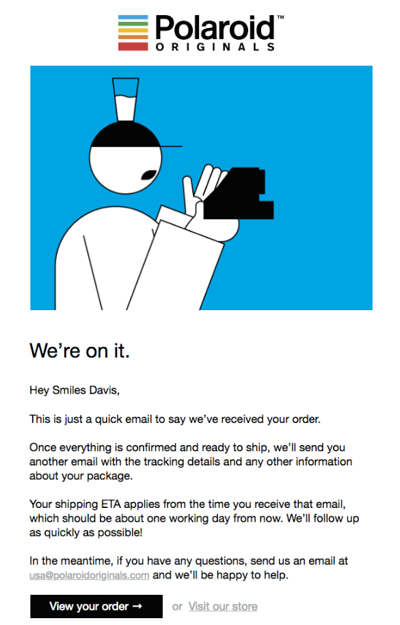 confirmation email from Polaroid