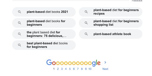 Google search for plant based