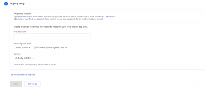 add a property in Google Analytics screenshot