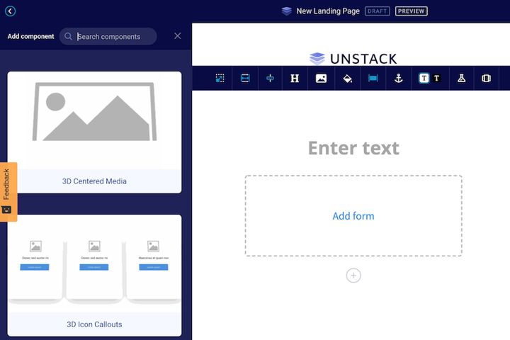 landing page component editor