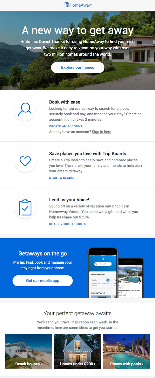onboarding email example from Home Away