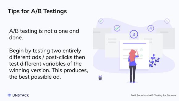 Tips for A/B Testing. A/B testing is not a one and done.  Begin by testing two entirely different ads / post-clicks then test different variables of the winning version. This produces, the best possible ad.