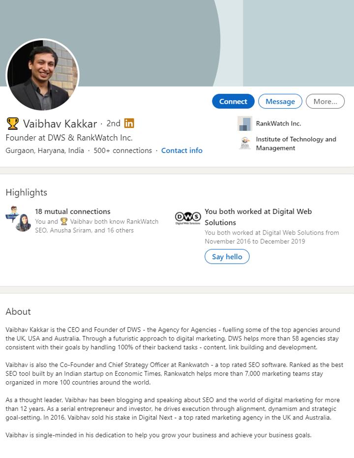 LinkedIn profile example