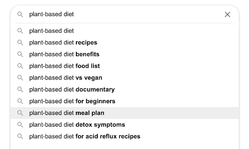 Google search for plant based