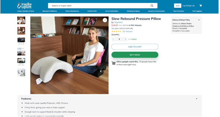 Slow pressure rebound pillow from Inspire Uplift