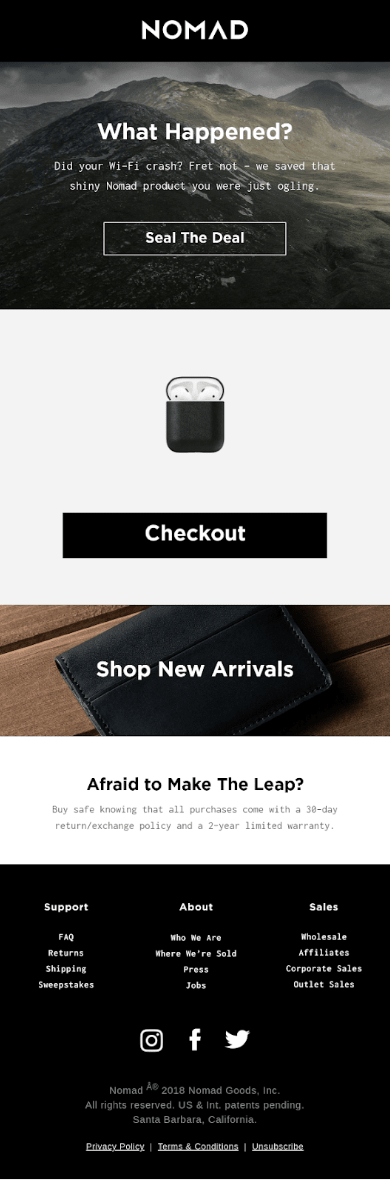 Screenshot of an abandon cart email sent by Nomad
