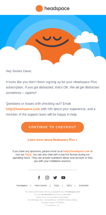 Screenshot of an abandon cart email sent by Headspace