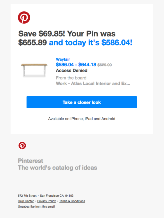 Screenshot of an abandon cart email sent by Pinterest