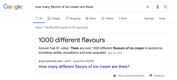 featured snippet for "how many flavors of ice cream are there"