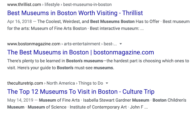 serp for "best museums in boston"